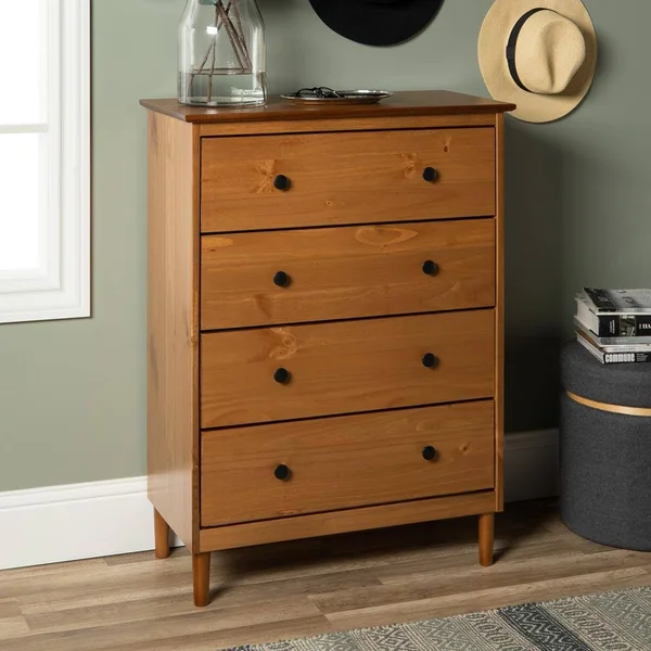 Classic Mid Century Modern 4-Drawer Caramel Solid Wood Dresser
