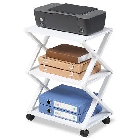 Fitueyes Mobile Printer Stand 3 Tiers Wood/Metal Desk Organizer Storage Book Shelf with Skid Pads for Home and Office - White, Do
