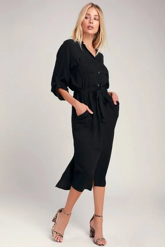Lulus - Brewer Black Midi Shirt Dress, Size Small, 100% Rayon