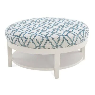 Marsden 36x22 Round Standard Ottoman Braxton Culler Frost White Finish/Blue and Cream Stripe; 0201-64 20x22H x 36x22W x 36x22D