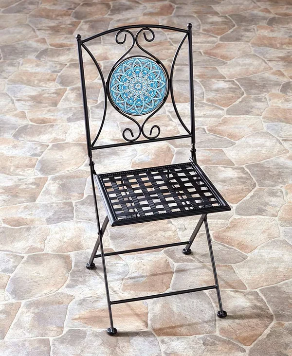 Metal Folding Patio Chair with Decorative Tile Mosaic - Black
