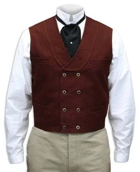 Canvas Double Breasted Vest - Crimson Vintage Mens Red Cotton Shawl Collar Dress Vest (Size S), Romantic, Old Fashioned, Trad