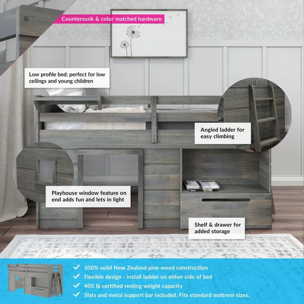 Max & Lily Modern Farmhouse Loft Bed with 1 Drawer - Twin, Espresso