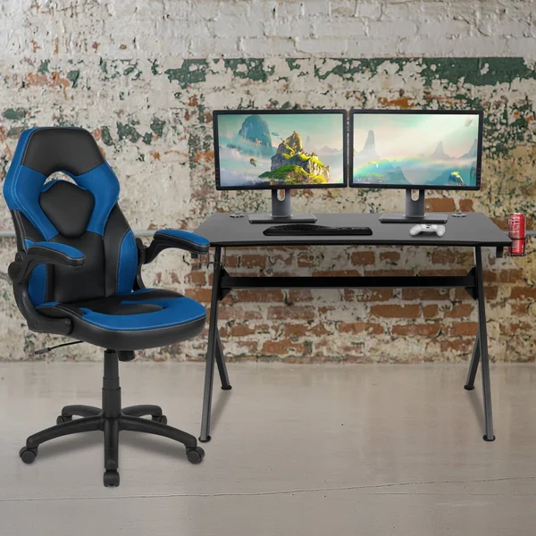 Flash Furniture Black Gaming Desk and Blue and Black Racing Chair Set with Cup Holder - Headphone Hook & 2 Wire Management Ho