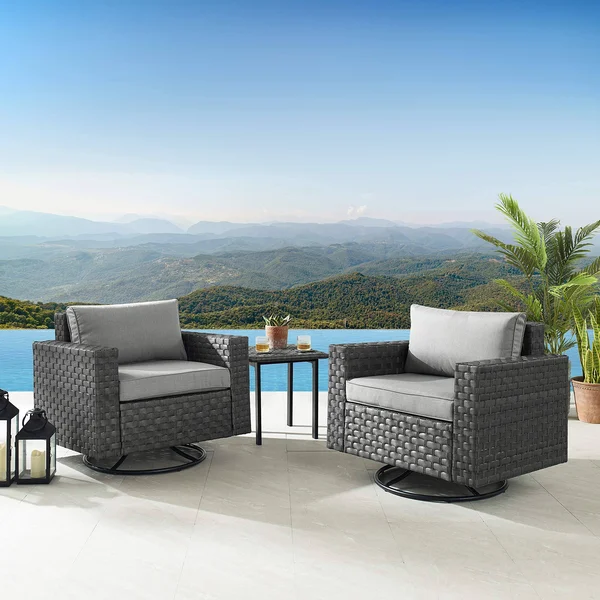 Art Leon Outdoor Patio Furniture Set 3 Pieces PE Rattan Wicker Swivel Chairs with Coffee Table and Removable Cushions - Gray