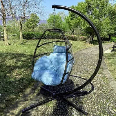 Outdoor Patio Wicker Folding Hanging Chair - Rattan Swing Hammock Egg Chair with C Type Bracket, with Cushion and Pillow, Beige Da