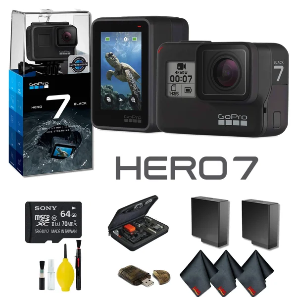 GoPro Hero7 Black Action Camera with Extra battery - External Charger, 64GB Memory Card, Case Plus More - Extra Battery Bundle