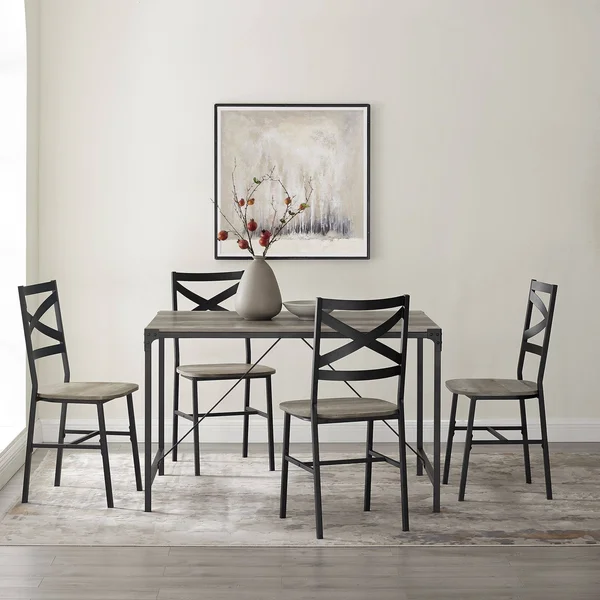 Walker Edison 5 Piece Rustic Angle Iron Dining Set Grey Wash