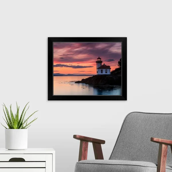 Orange Sunset at Lime Kiln Lighthouse, Black Framed Wall Art, 20x16, Great Big Canvas