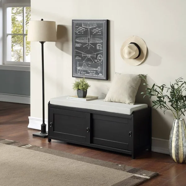 Homes Collection Wood Storage Bench with Cabinets - Black