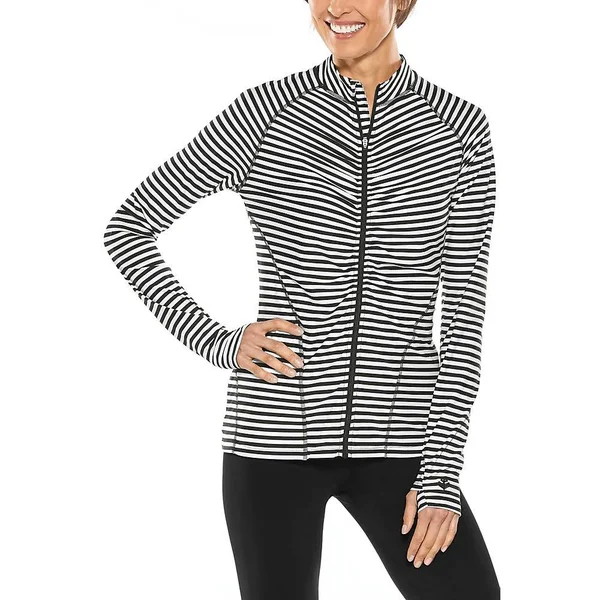 Coolibar Women's Atitlan Ruche Swim Jacket - UPF Protective Shirts for Women, White/Black Stripe, Medium