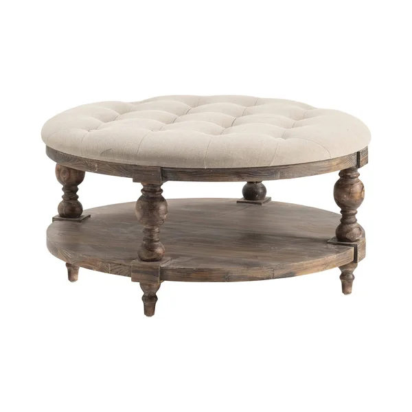 Crestview Tahoe Rustic Wood and Round Linen Ottoman