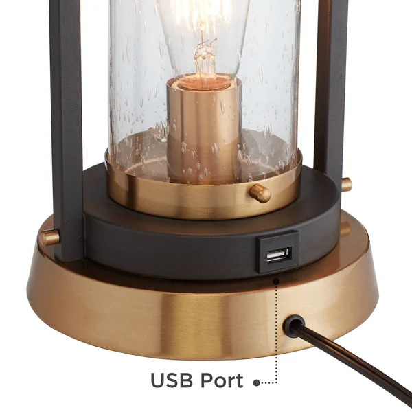 Franklin Iron Works Industrial Farmhouse Table Lamp with Nightlight LED Bronze Brass Seeded Clear Glass Drum Shade for Living Ro