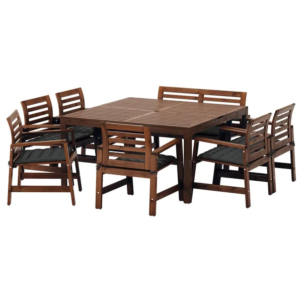IKEA - 腜PLARÖ Table - 6 armchairs+bench, Outdoor, 腜PLARÖ Brown stained/H錶lö Black