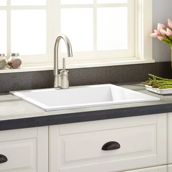 Signature Hardware 933444 Holcomb 22x22 Drop in Single Basin Granite Composite Kitchen Sink Cloud White Fixture Kitchen Sink Com
