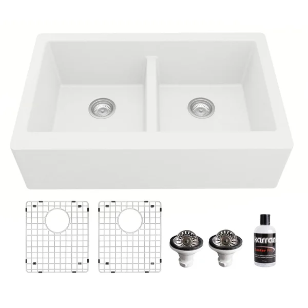 Karran Quartz Farmhouse Apron Front 34-in x 21.25-in White Double Equal Bowl Kitchen Sink - QA-750-WH-PK1