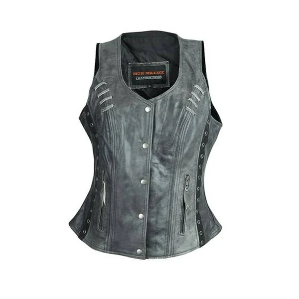 High Mileage HML1038DG Womens Distressed Gray Premium Soft Goatskin Leather Vest with Twill Lace and Grommet Highlights Grey Xs