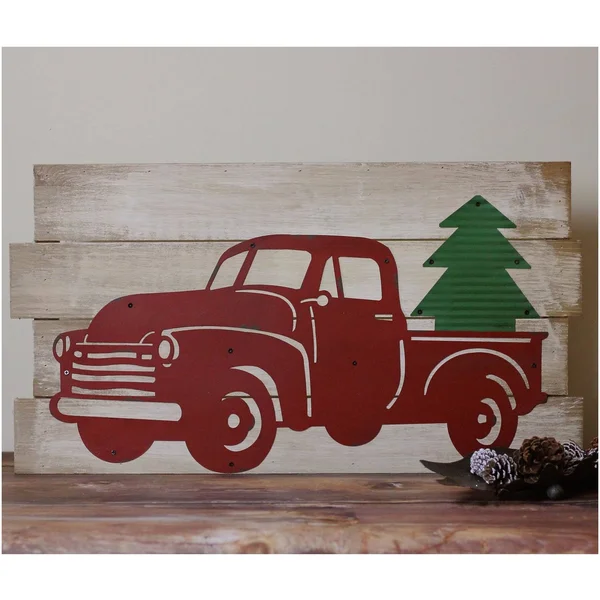 Raz 28x22 Rustic Wood and Metal Red Truck Carrying Tree Wall Art