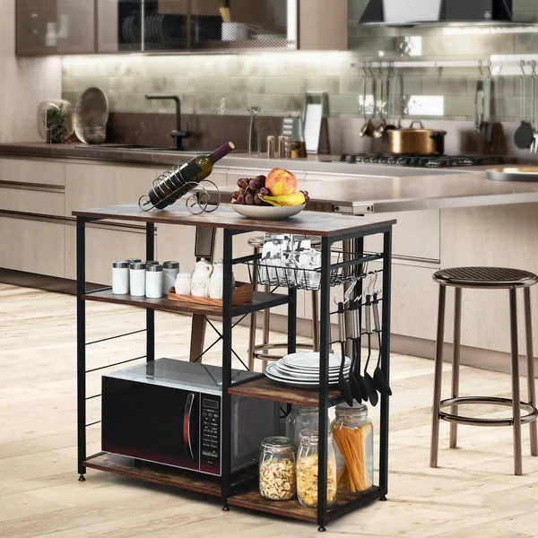 Costway Industrial Kitchen Baker&s Rack Microwave Stand Utility Storage Shelf w/ 6 Hooks Steel Black