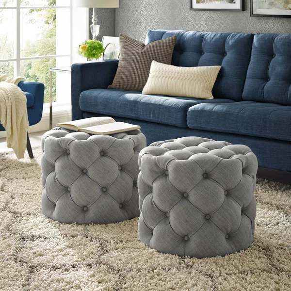 Inspired Home Ottoman Velvet or Linen Tufted Light Grey, Linen