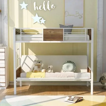 Twin-Over-Futon Couch and Bed, Metal Bunk Bed Twin Over Full Futon with Guardrails and Ladder, White, Size: 77.4