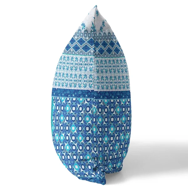 Flower Castle Patchwork Suede Closed Pillow w/ Insert in Blue & White 18x22x18x22