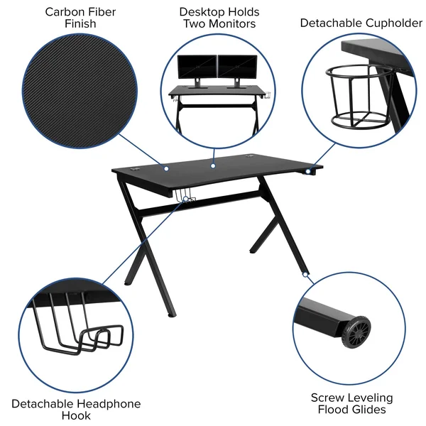 Flash Furniture Black Gaming Desk and Blue and Black Racing Chair Set with Cup Holder - Headphone Hook & 2 Wire Management Ho
