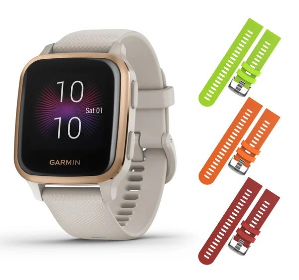 Garmin Venu Sq Sport or Music GPS Fitness Smartwatch and Included Wearable4U 3 Straps Bundle Music Light Sand + Lime/Orange/Red