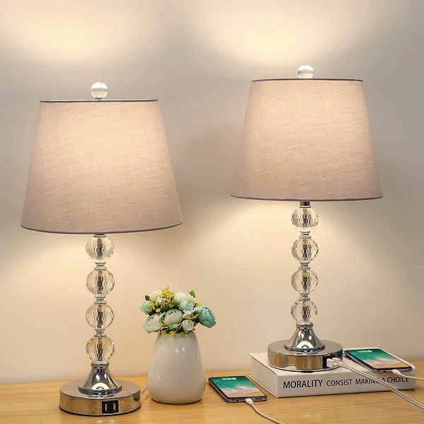 Bedside Crystal Table Lamps Set of 2 with Dual USB Charging Ports - Boncoo Modern