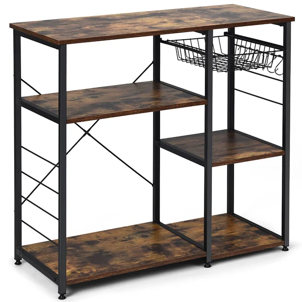 Costway Industrial Kitchen Baker&s Rack Microwave Stand Utility Storage Shelf w/ 6 Hooks Steel Black