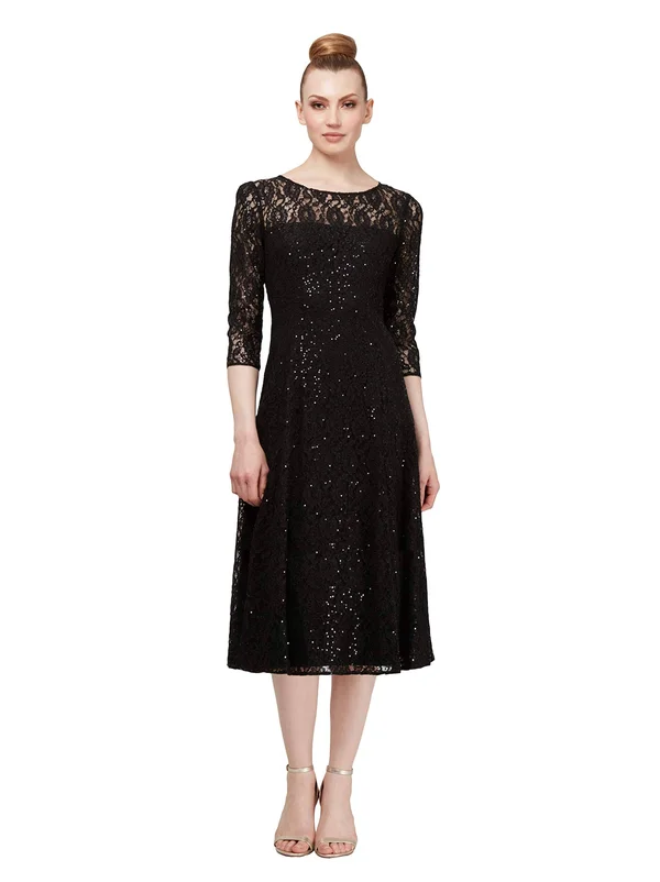 SL Fashions 3/4-Sleeve Sequin Lace Dress - Black
