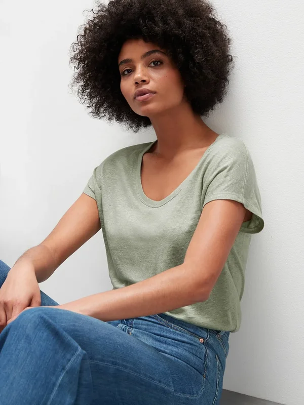 Banana Republic Women's Linen Scoop-Neck T-Shirt Green Sage Bouquet Size XXL