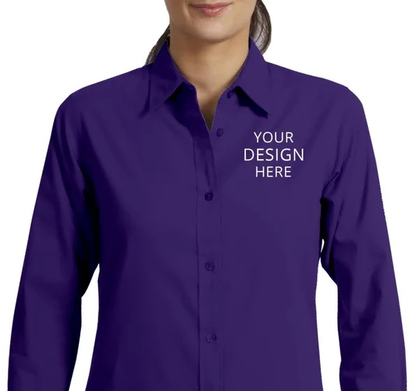 Custom Embroidered Port Authority Women's Dress Shirts - Ladies Long Sleeve Easy Care Shirt (S - 6XL), Size: L, Purple/Light S