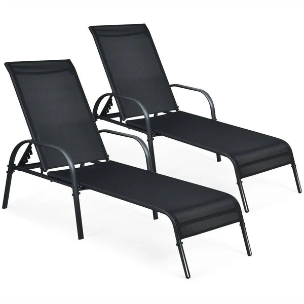 2 Pcs Outdoor Patio Lounge Chair Chaise Fabric with Adjustable Reclining Armrest - 75.5x22 x 26’’ x 24.5x22 (L x W x H) - Black