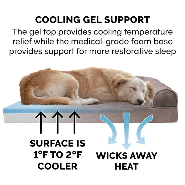 FurHaven Faux Fur & Velvet Cooling Gel Sofa Dog Bed - Large, Driftwood Brown