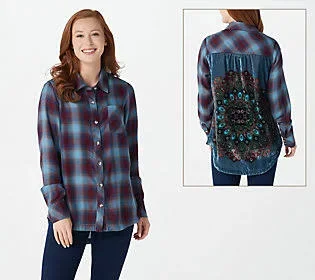 Tolani Collection Plaid Top with Printed Velvet BACK - Size X-Small, Blue/Burgundy