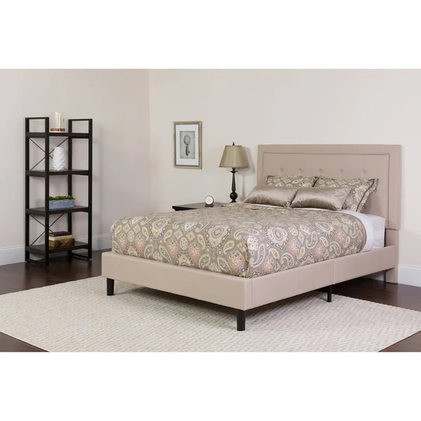 Full Panel Tufted Platform Bed/Mattress in Beige Fabric