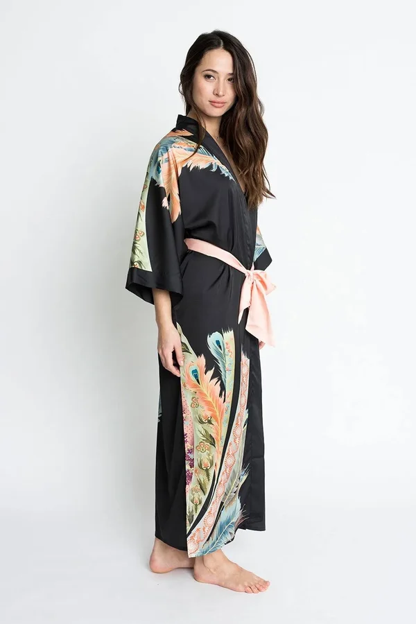 Peacock Feather Kimono Robe - Long, KIM + ONO white, one size