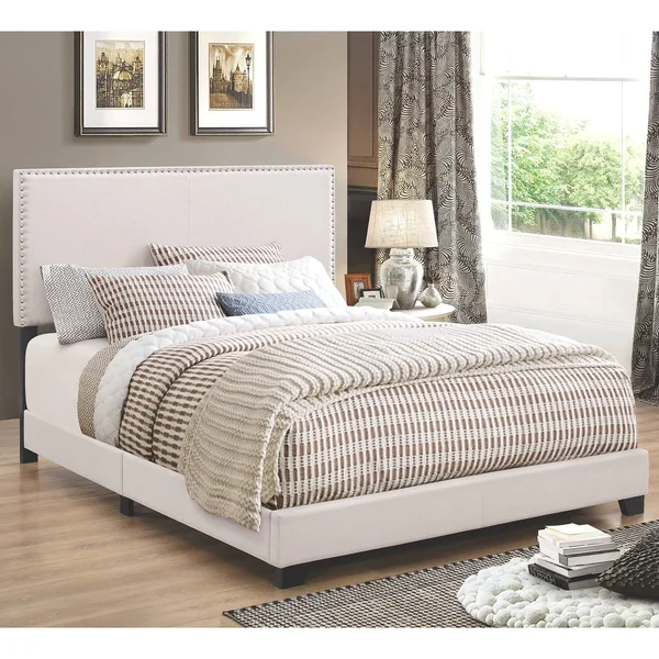 Modern Design Ivory Upholstered Bed with Nailhead Trim - Queen