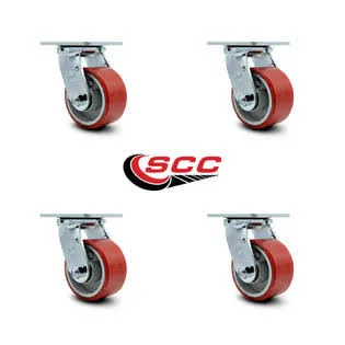 Polyurethane on Cast Iron Swivel Top Plate Caster Set of 4 w/4 inch x 2 inch Red Wheels - Includes 4 Swivel - 2800 lbs Total Cap