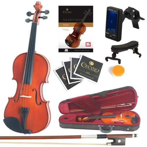 Mendini Size 3/4 MV200 Solid Wood Violin with Tuner - Lesson Book, Shoulder Rest, Extra Strings, Bow and Case, Natural Varnish Fi