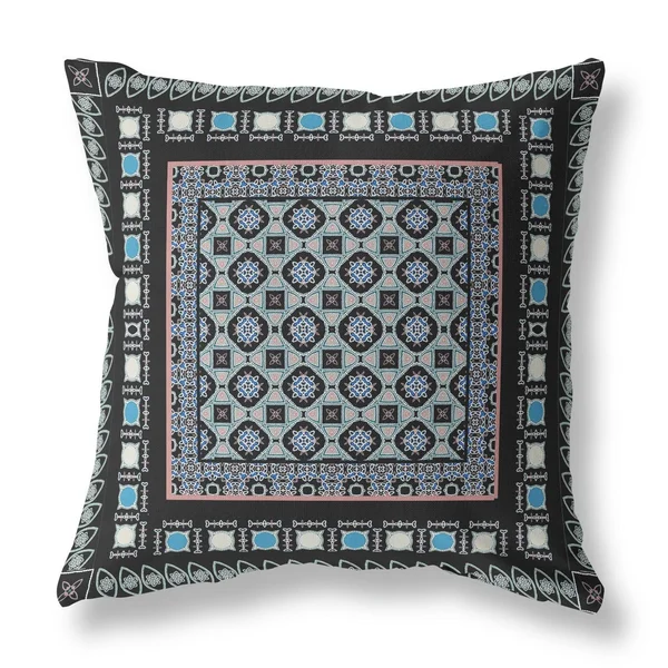 Amrita Sen Floral Windows Suede Zippered Pillow W Insert in Black and Blue - 16x22x16x22