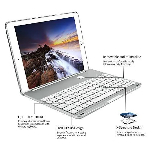 New iPad 2018 Keyboard Case - Iegrow New F8S 7 Colors LED Backlit iPad Keyboard with Protective Case Cover (Silver)