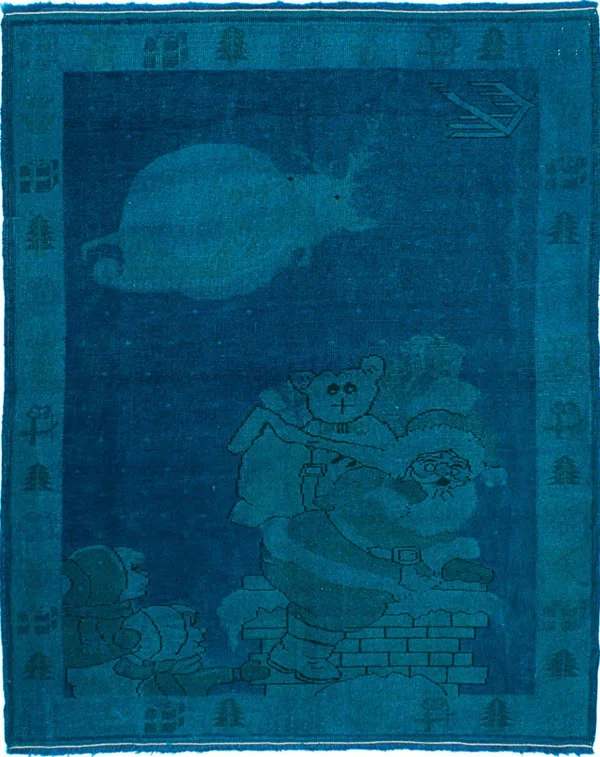 Hand-Knotted Color Transition Cyan, Dark Blue Wool Rug 4&3x22 x 5&3x22