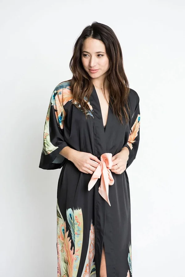 Peacock Feather Kimono Robe - Long, KIM + ONO white, one size