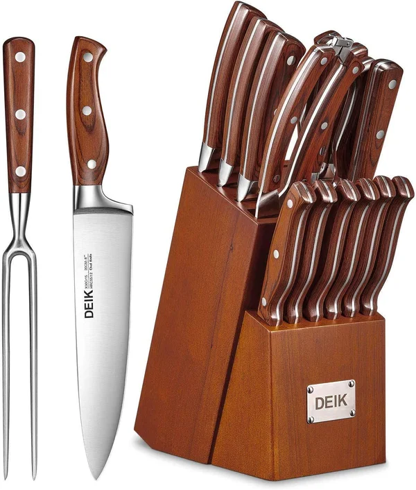Deik Knife Set, High Carbon Stainless Steel Kitchen Knife Set 16 Pcs, Super Sharp Cutlery Knife Collection with Meat Fork and Se