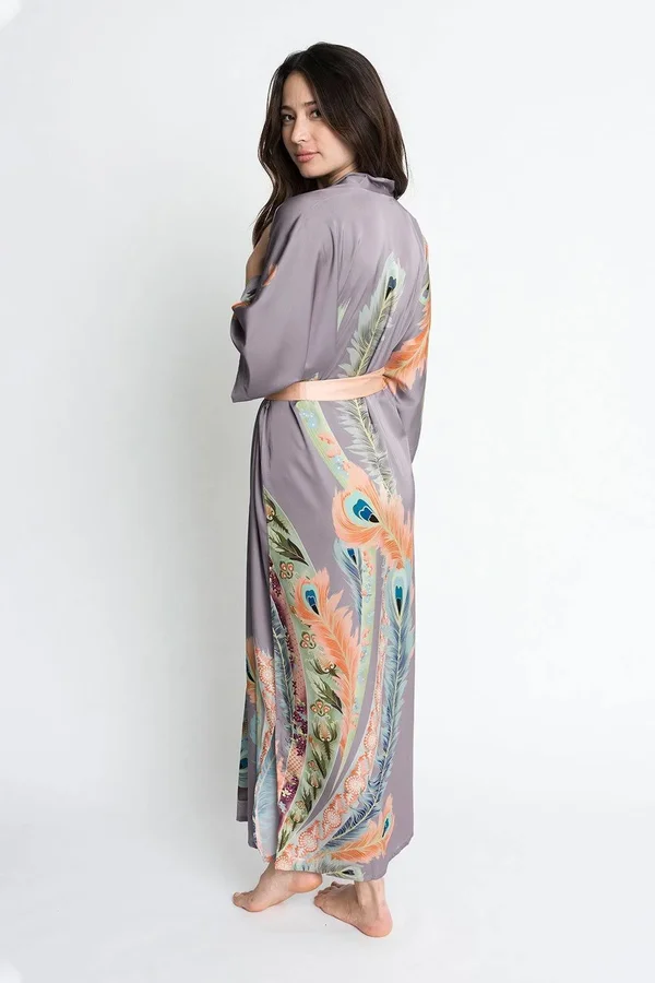 Peacock Feather Kimono Robe - Long, KIM + ONO white, one size