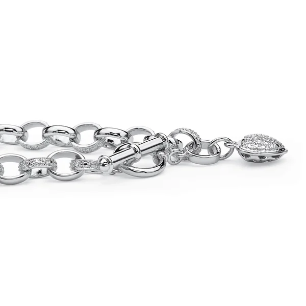 PalmBeach Jewelry Diamond Accent Oval-Link Heart Charm Bracelet Platinum-Plated 7 1/4x22 50608
