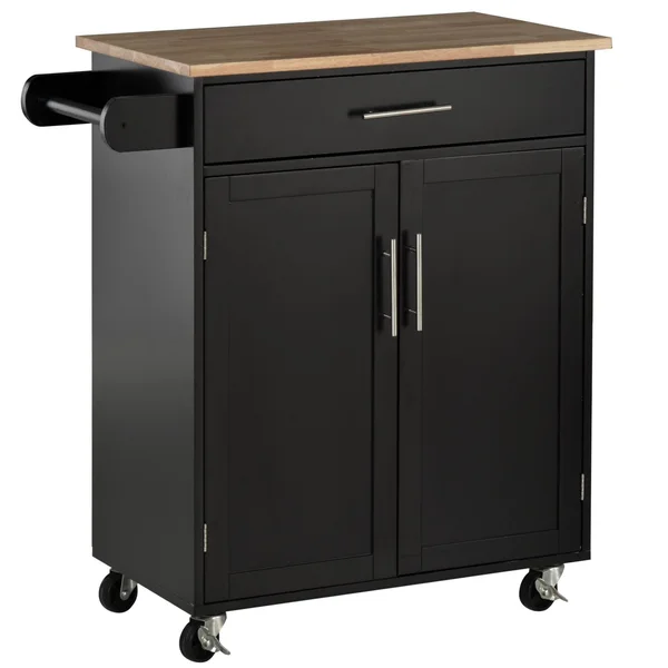 HOMCOM Wooden Kitchen Large Storage Island on 360-deg Swivel Wheels Cart with Drawer - Interior Cabinet & Towel Rack - Black