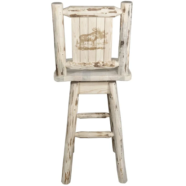Montana Collection Barstool w/ Back & Swivel w/ Laser Engraved Moose Design - Clear Lacquer Finish